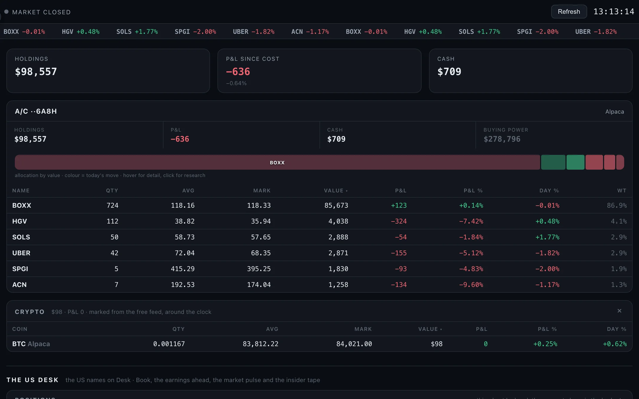 Desk · Home with a paper account at Alpaca priced live, and the Crypto block under it