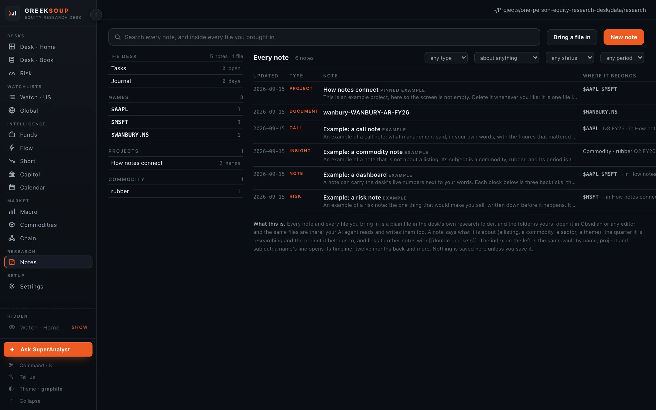 Notes: the search bar across every note and file, the index on the left with the desk, names, projects and a commodity, and the note table on the right with type, title, and where each belongs.