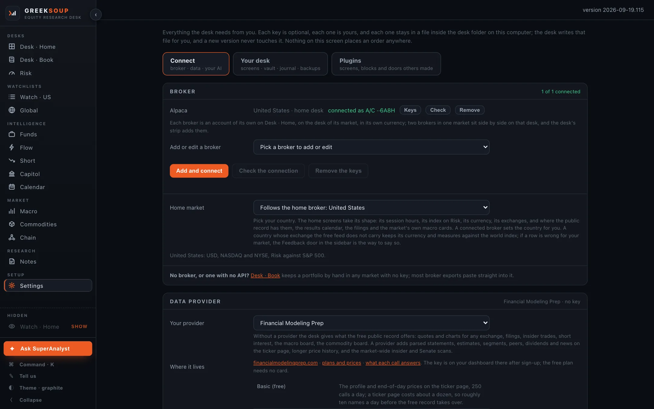 Settings on the Connect tab: the broker block with a paper account connected, the home market picker, and the data provider block.