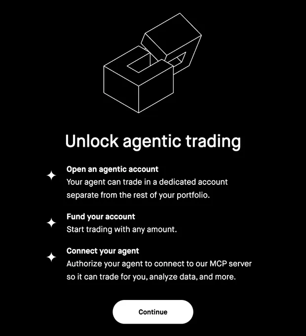 Robinhood's Unlock agentic trading screen: open an agentic account, fund it, connect your agent, and a Continue button.