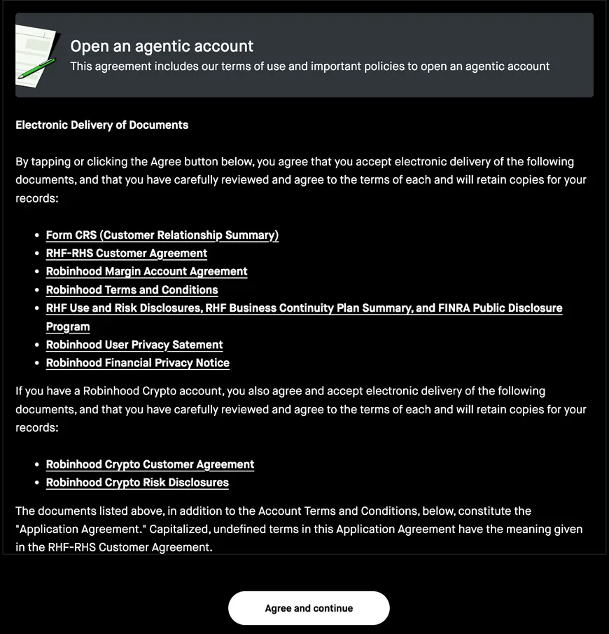 Robinhood's Open an agentic account agreement, with the documents it covers and the Agree and continue button.