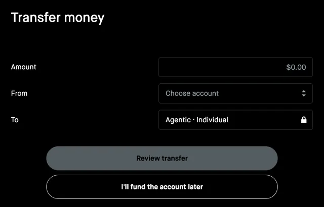 Robinhood's Transfer money screen with the amount at $0.00 and the I'll fund the account later button.