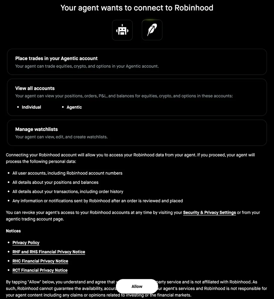 Robinhood's Your agent wants to connect screen: trades in the Agentic account, view all accounts, manage watchlists, and the Allow button.